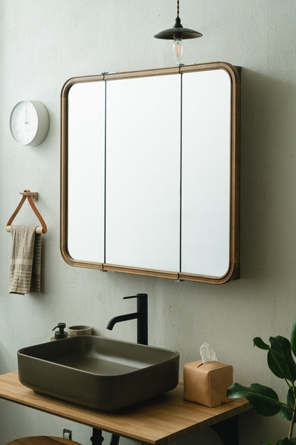 【予約商品：5月末〜6月末頃お届け予定】Wood curve 3ドアキャビネットミラー 850