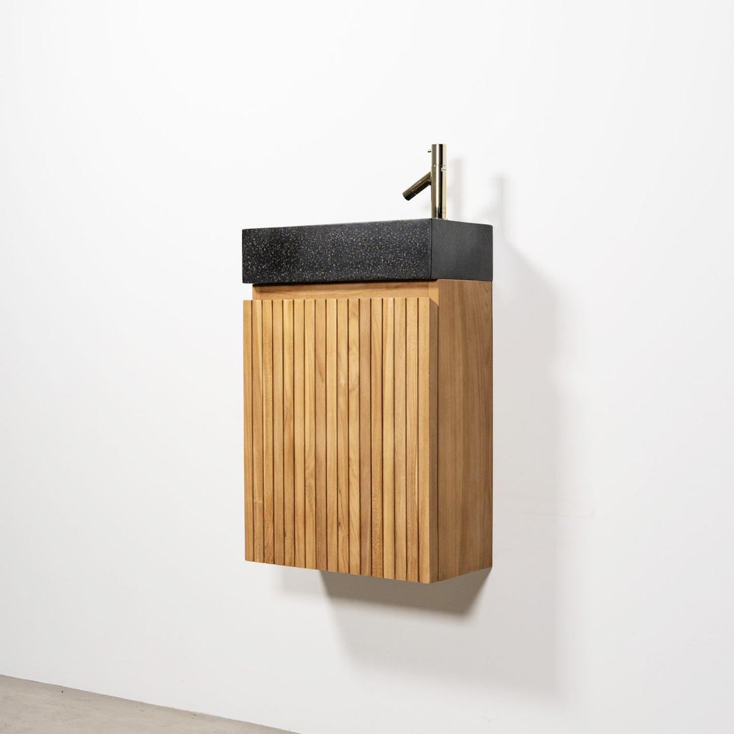 テラゾー×チーク手洗い器 Wood stripe400 BK （水栓金具付き6点セット）