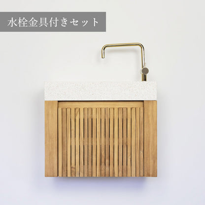 テラゾー×チーク手洗い器 Wood stripe600 WH（水栓金具付き6点セット）